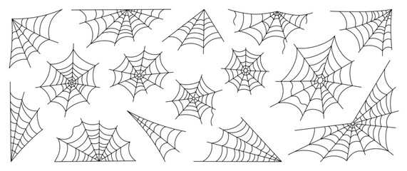 Spider web doodle set. Editable stroke. Halloween scary theme for frame, banner, party decoration etc. Outline drawing. Hand drawn vector illustration isolated on white background.