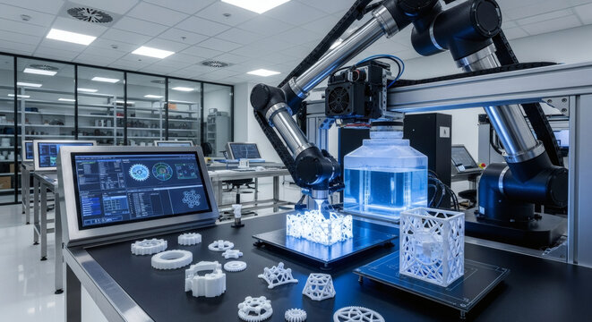 Modern industrial 3D printing facility with robotic arm and various printed components.