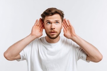 Naklejka premium Youth with hearing issue on light backdrop