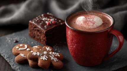 Glazed gingerbread-man prism and red cocoa mug evoke festive market ambiance