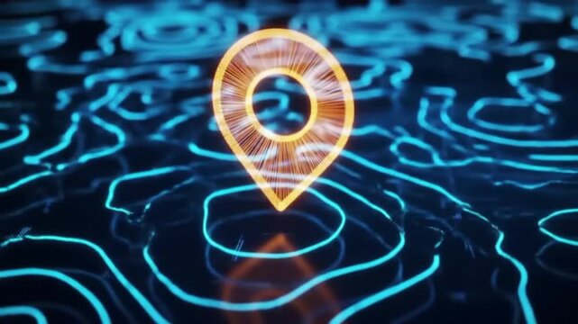 Glowing location pin on a digital map, representing navigation and geographic data