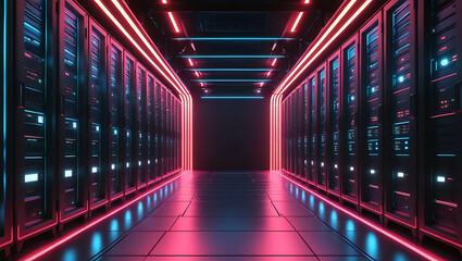 Futuristic Data Center Server Room with Neon Lights