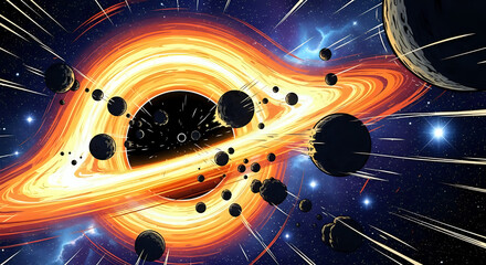Illustration of a black hole with planets and stars in a colorful cosmic space background art