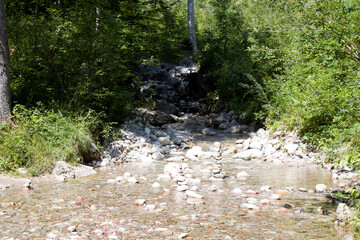 Natural stream surrounded by green vegetation with carefully stacked stones on the riverbed during a sunny day in a serene woodland area