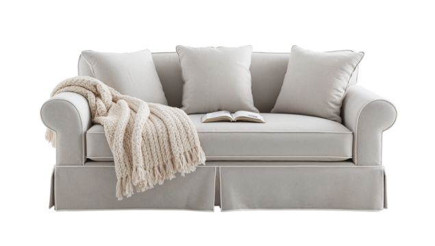 Elegant and inviting white sofa adorned with a cozy knit blanket and open book adding a touch of