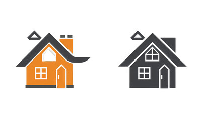 Two stylized house icons, one orange, one dark gray, side-by-side.  Simple shapes, with windows and doors.  Different color palettes.  Basic home illustration