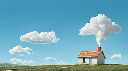 Whimsical house with chimney releasing fluffy clouds against bright blue sky, surrounded by green grass and rolling hills, evokes sense