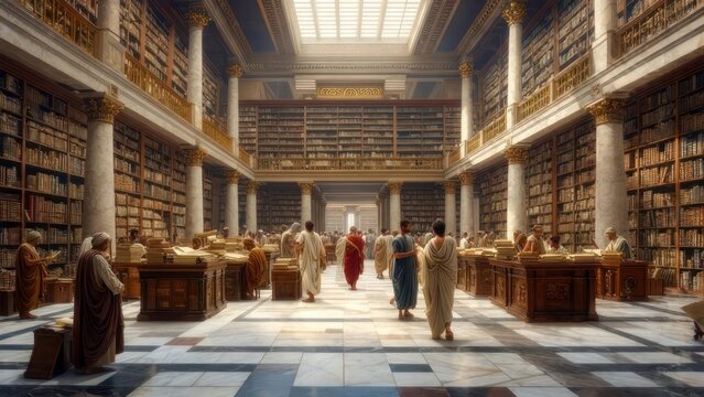Grandeur of Ancient Knowledge: Scholars Roam the Sunlit, Columned Halls of a Vast Classical Library