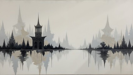 Serene landscape with gothic tower and misty pines
