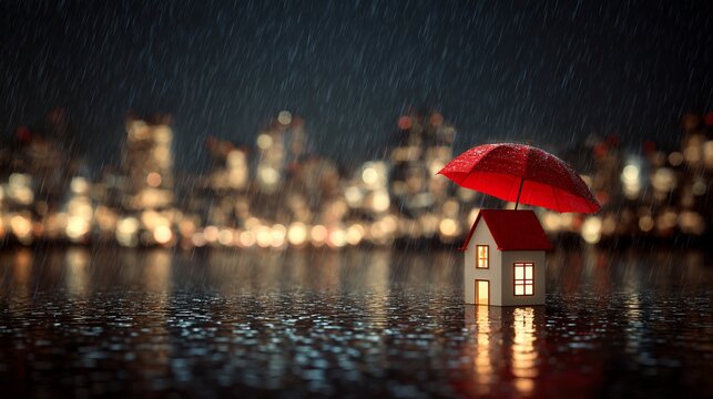 Miniature house protected by umbrella against rain and city lights reflecting, waterfront