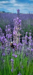 A beautiful lavender field filled with bees actively pollinating vibrant flowers all around