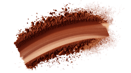 Chocolate brown contour powder stroke with natural matte texture, realistic fine dust, isolated on beige background, PNG format