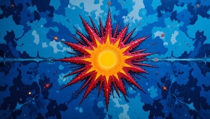A vibrant starburst against a blue abstract background
