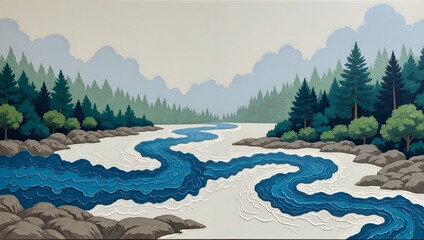 A peaceful river winding through lush forests and misty mountains