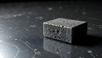 A close up of a textured stone block on a dark surface
