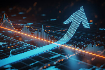 Obraz premium A powerful and dynamic 3D graphic showing a blue, pixelated arrow rising dramatically on a dark, digital background with a glowing grid and data streams.