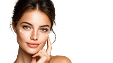 Woman applying face cream with freckles and clear skin