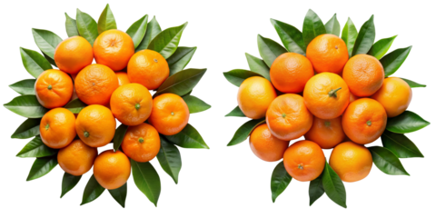 Two Clusters of Mandarins with Leaves, Isolated on Transparent Background, Digital Art, Fruit Composition, Mandarin, Citrus, Still Life