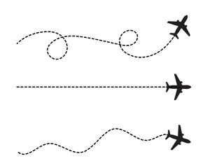 Airplane with dashed and dotted flight path. Flying plane showing twisted, curved, and straight route lines. Transparent background PNG and vector travel illustration.