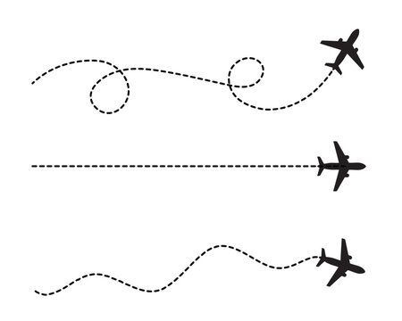 Airplane with dashed and dotted flight path. Flying plane showing twisted, curved, and straight route lines. Transparent background PNG and vector travel illustration.