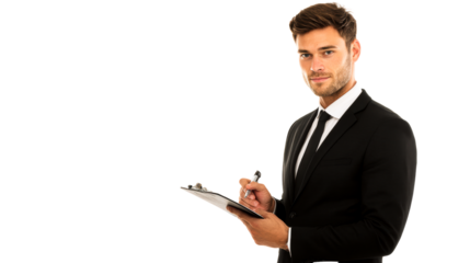 Man in a suit writing on a clipboard