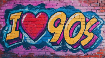 Obraz premium Colorful mural on a brick wall declaring affection. The vibrant colors and bold letters evoke a playful and nostalgic sentiment.