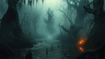Lone Campfire's Glow Pierces the Eerie Mist of an Ancient Swamp