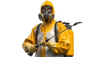 Hazmat suit wearer with sprayer and respirator