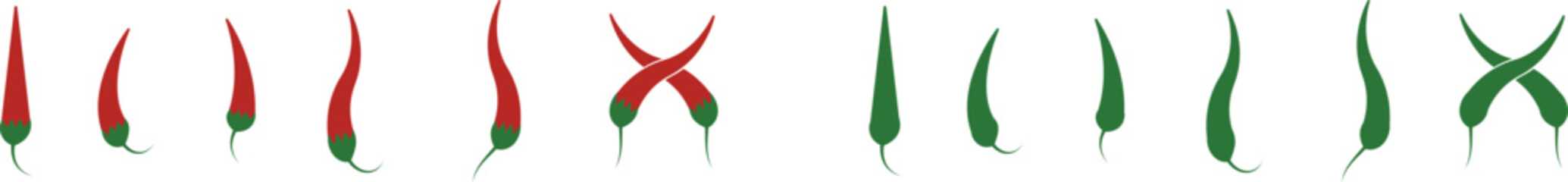 Chili pepper icon set, capsicum collection hot spice vector group, jalapeno silhouette and outline, cayenne symbol bundle, vegetable pictogram pack in line style for seasoning design isolated