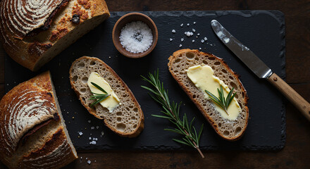 Freshly baked sourdough bread with butter and herbs with refined cozy mood, styled on rustic dark wood background with moody natural lighting and high contrast 