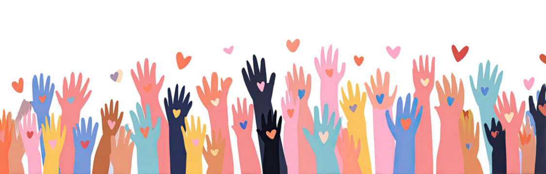 Diverse hands raised in solidarity, adorned with hearts