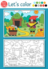 Fototapeta premium Pre-made coloring page for children with dwarf miner and forest scene. Vector fairytale outline illustration with gnome. Fantasy color book for kids with colored example, wood landscape