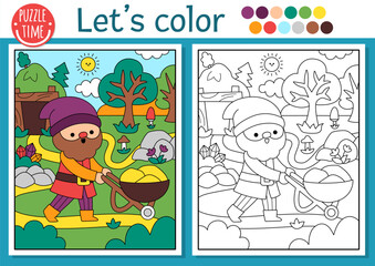 Obraz premium Pre-made coloring page for children with dwarf with wheelbarrow. Vector fairytale outline illustration with gnome and forest scene or landscape. Fantasy color book for kids with colored example