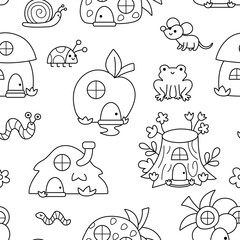 Vector black and white forest houses seamless pattern. Gnome home repeat background or coloring page. Fairytale digital paper. Magic creature texture with cottages shaped as berry, mushroom