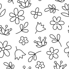 Vector black and white seamless pattern with flowers. Cute garden repeat background or coloring page. Gnome, dwarf or fairy floral digital paper. Magic plant abstract texture with blooms, leaves