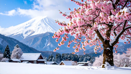 Snowy Mount Fuji with Cherry Blossoms.
