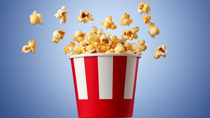 Buttery Popcorn Flying from Red Striped Bucket Blue Background
