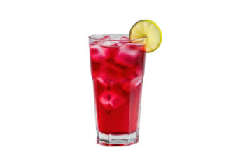 Tall, clear glass of vibrant, deep red hibiscus agua fresca (Jamaica) with lime wheel and ice cubes, condensation, on a seamless transparent studio background, no shadows, concept for beverage