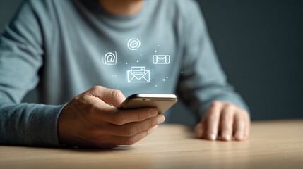 Man checking messages on mobile device, icons floating at home office desk.