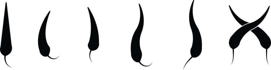 Chili pepper icon set, capsicum collection hot spice vector group, jalapeno silhouette and outline, cayenne symbol bundle, vegetable pictogram pack in line style for seasoning design isolated