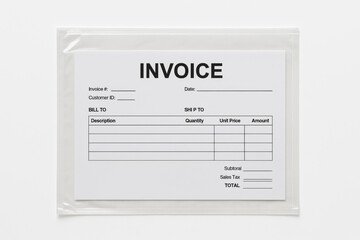 Transparent adhesive shipping pouch containing a printed invoice, isolated on a white background, used for secure document attachment on parcels and packages