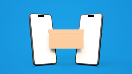 Mobile phones with parcel box on a blue background. Online shopping and delivery concept. Phone to phone cardboard box mock up.