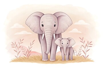 Fototapeta premium Adorable Watercolor Elephants: Mother and Baby in Serene African Savanna