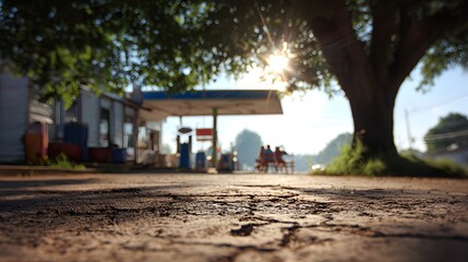 Gas station sunny day rural scene low angle view cracked ground tree shade travel destination roadside stop