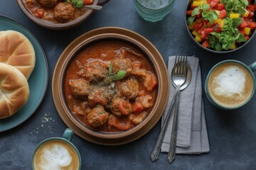 Hearty stew with bread and coffee on a dark table