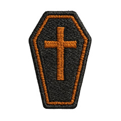 Isolate Transparent Halloween Embroidery Sticker Embroidered Patch of Coffin with Cross Design PNG Die-Cut For Advertising
