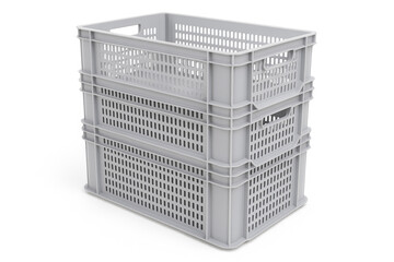 Stack of grey reusable plastic shipping crates with ventilation holes for storage and delivery on white background