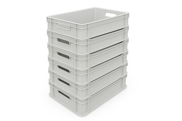 Stack of grey reusable plastic shipping crates with ventilation holes for storage and delivery on white background