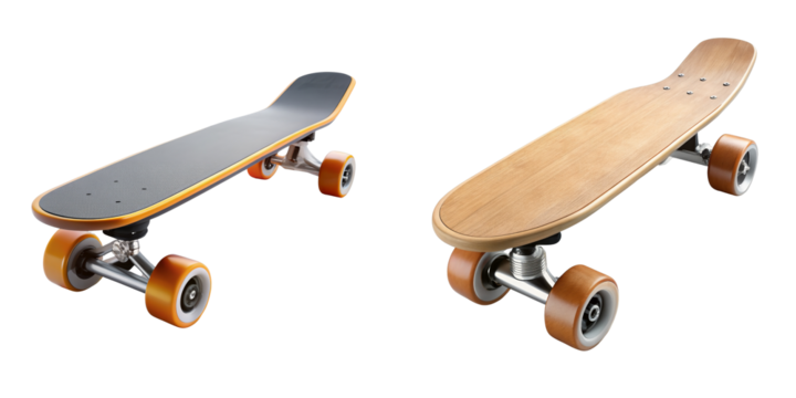Two Skateboards 3D Render, Isolated on Transparent Background, Black and Wooden Decks, Orange Wheels, Sport Equipment, Skateboard, 3D rendering, transparent background