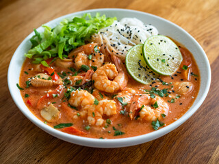 Tom Yum soup - Thai soup with shrimps, chicken and rice noodles on wooden table	